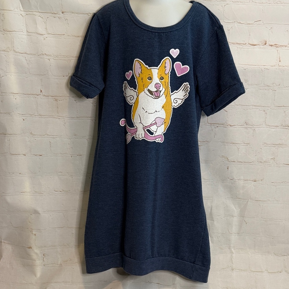 Kids Casual T-Shirt Dress with Corgi Print - Blue